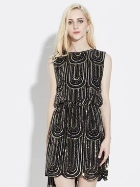 Sequin Beaded Mini Dress Art Deco Geometric Scalloped Hem Cocktail Flapper New